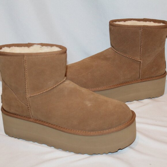 NIB UGG WOMEN'S MINI CHESTNUT PLATFORM SUEDE SHEARLING LINED ANKLE‎ BOOTS - Picture 2 of 8
